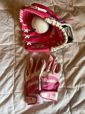 Franklin Kids Pink LEFTY Baseball Glove and Batting Gloves Set